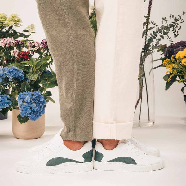 lifestile view of the plant based crafted trainers with casual pants | NAE Vegan Shoes