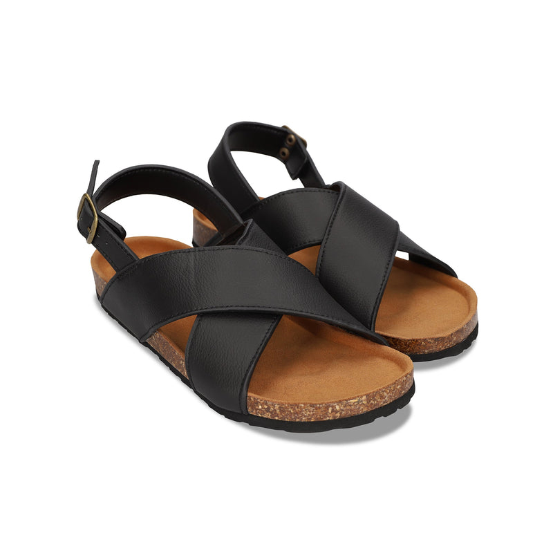 Vegan unisex sandals slingback black apple skin flats buckle criss-cross straps | NAE